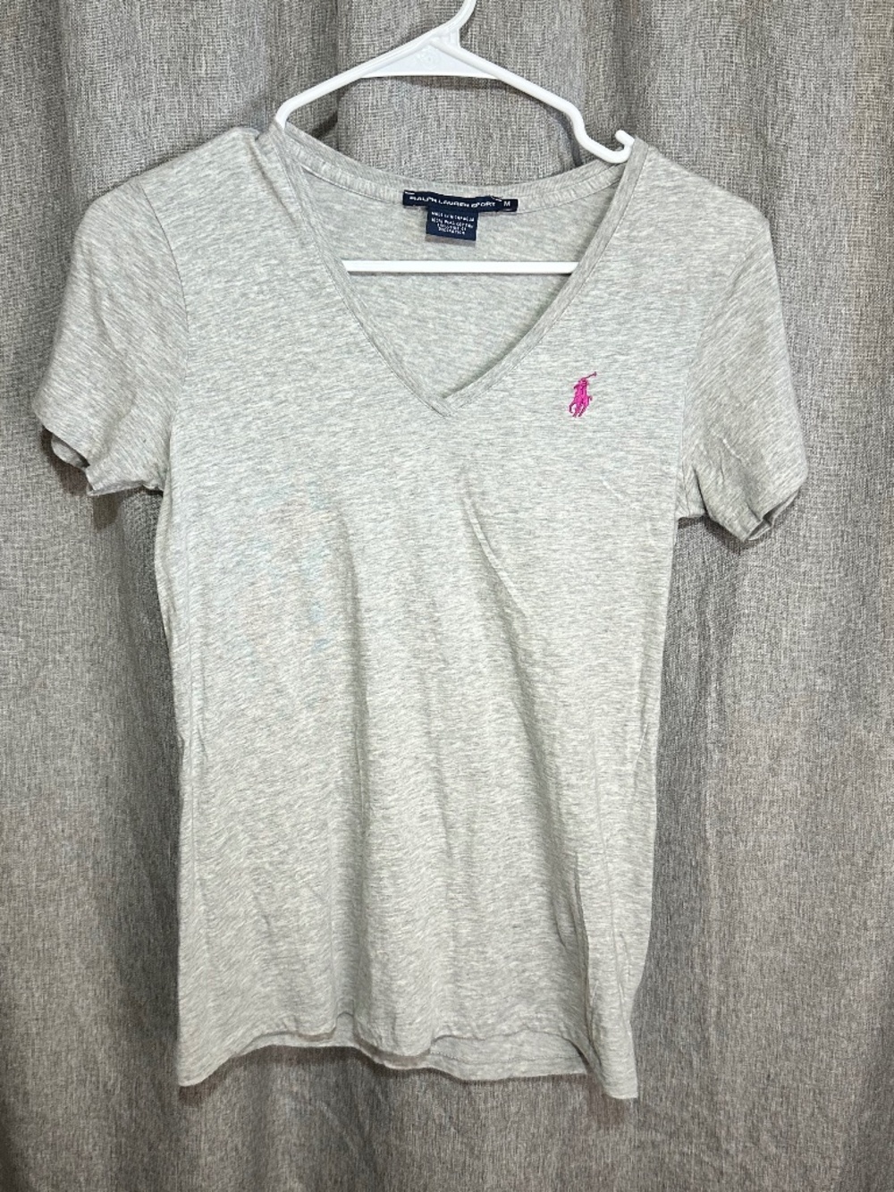 Polo Ralph Lauren Gray V-Neck T-Shirt Pink Pony Logo Size M